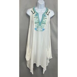 Forcynthia Beachwear Boho Swimwear Cover Up White Swing dress embroidered Sz XS